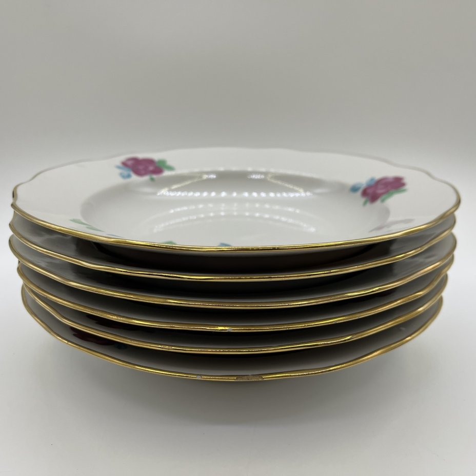 Набор суповых тарелок на 6 персон, фарфор, деколь, золочение, Дулевский фарфоровый завод (Дулёво), СССР, 1970-1991 гг.
