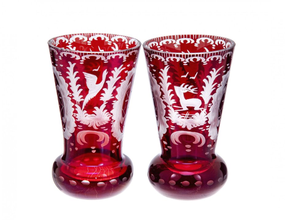Парные вазы "Охота", стекло, резьба, мануфактура "Egermann", Чехия, 1940-1970 гг., Egermann