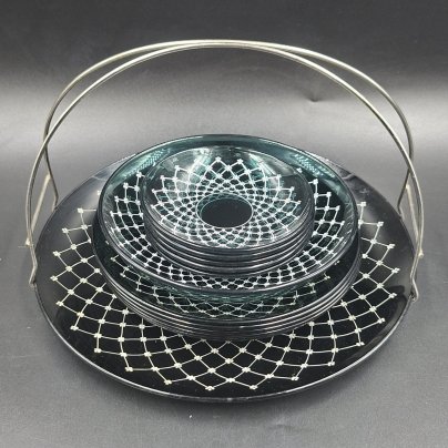 Набор для подачи десерта на 5 персон (блюдо, глубокая тарелочка, 5 блюдец, 5 розеток), стекло, печать, металл, Россия, 1990-2000 гг.