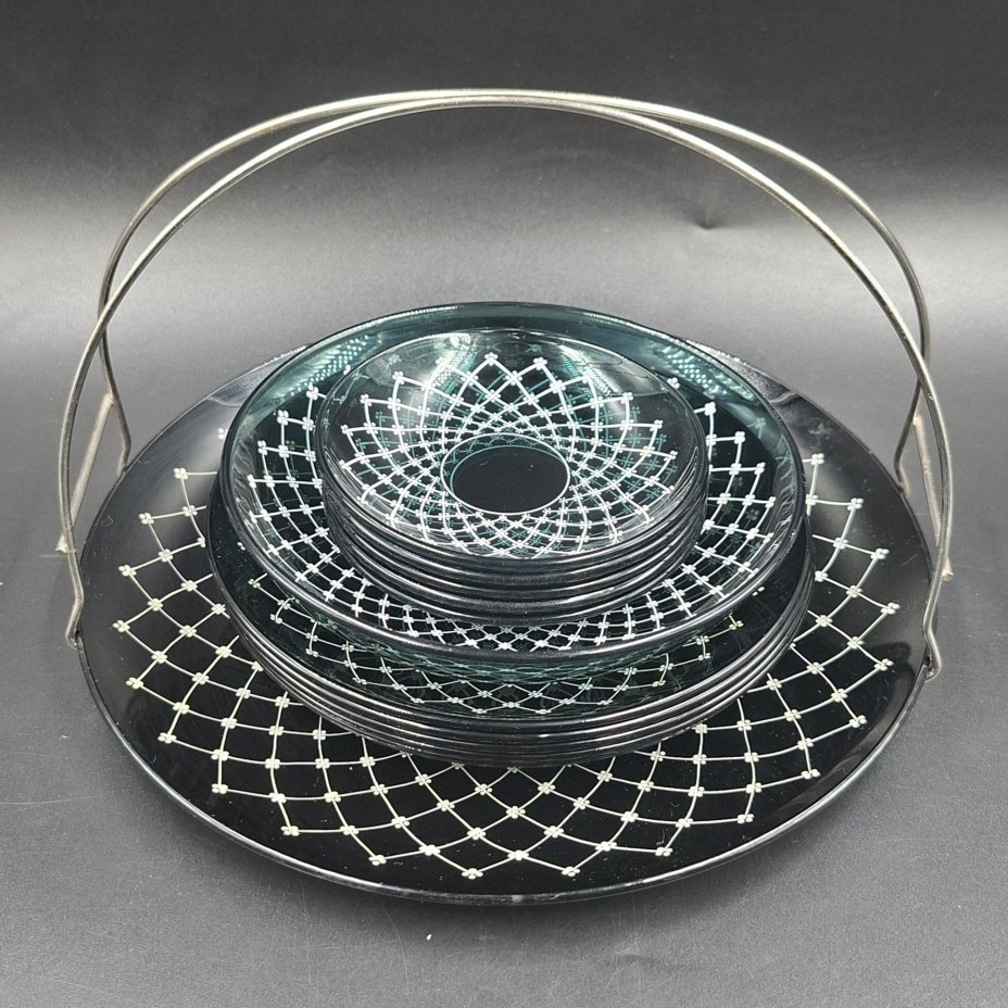 Набор для подачи десерта на 5 персон (блюдо, глубокая тарелочка, 5 блюдец, 5 розеток), стекло, печать, металл, Россия, 1990-2000 гг.