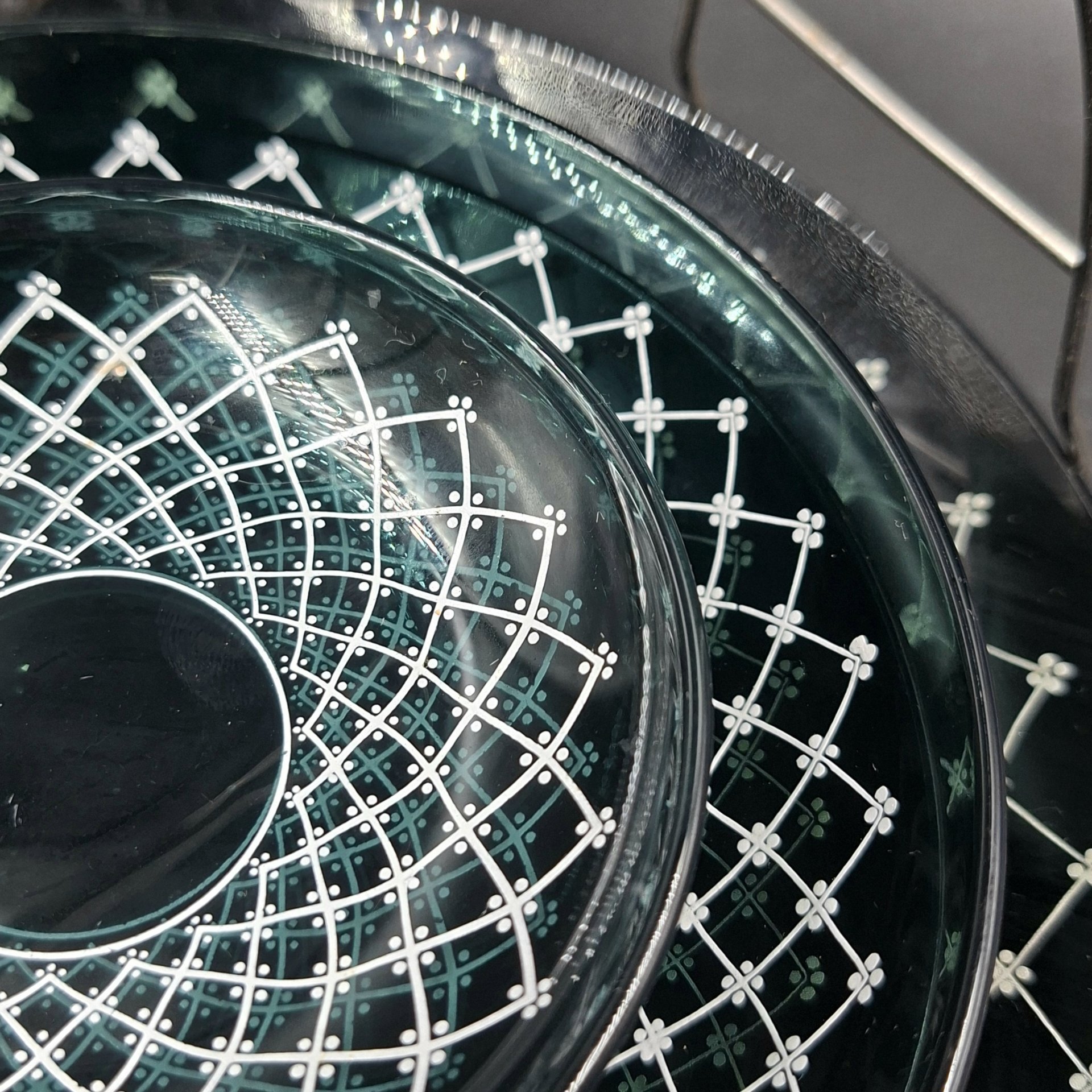 Набор для подачи десерта на 5 персон (блюдо, глубокая тарелочка, 5 блюдец, 5 розеток), стекло, печать, металл, Россия, 1990-2000 гг.