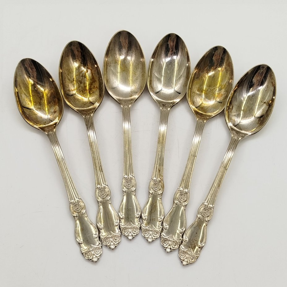 Набор из шести десертных ложек "Серебряная роза", мНЦ (медь-никель-цинк), Кольчугинский завод цветных металлов, СССР, 1970-1990 гг.