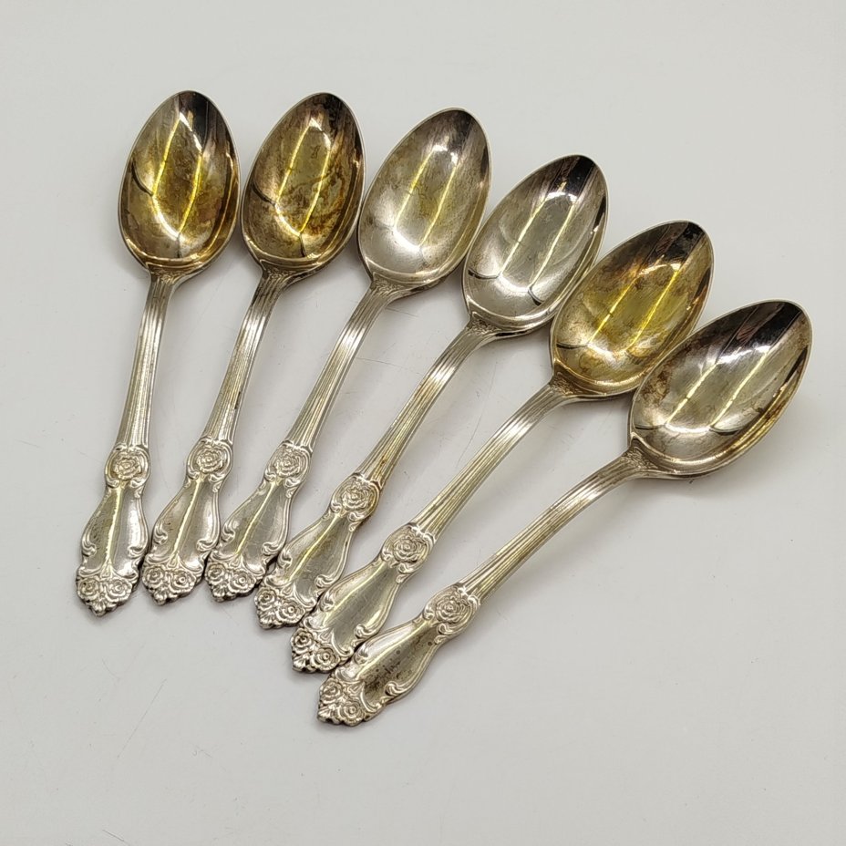 Набор из шести десертных ложек "Серебряная роза", мНЦ (медь-никель-цинк), Кольчугинский завод цветных металлов, СССР, 1970-1990 гг.