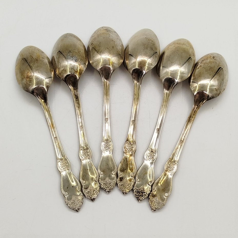 Набор из шести десертных ложек "Серебряная роза", мНЦ (медь-никель-цинк), Кольчугинский завод цветных металлов, СССР, 1970-1990 гг.