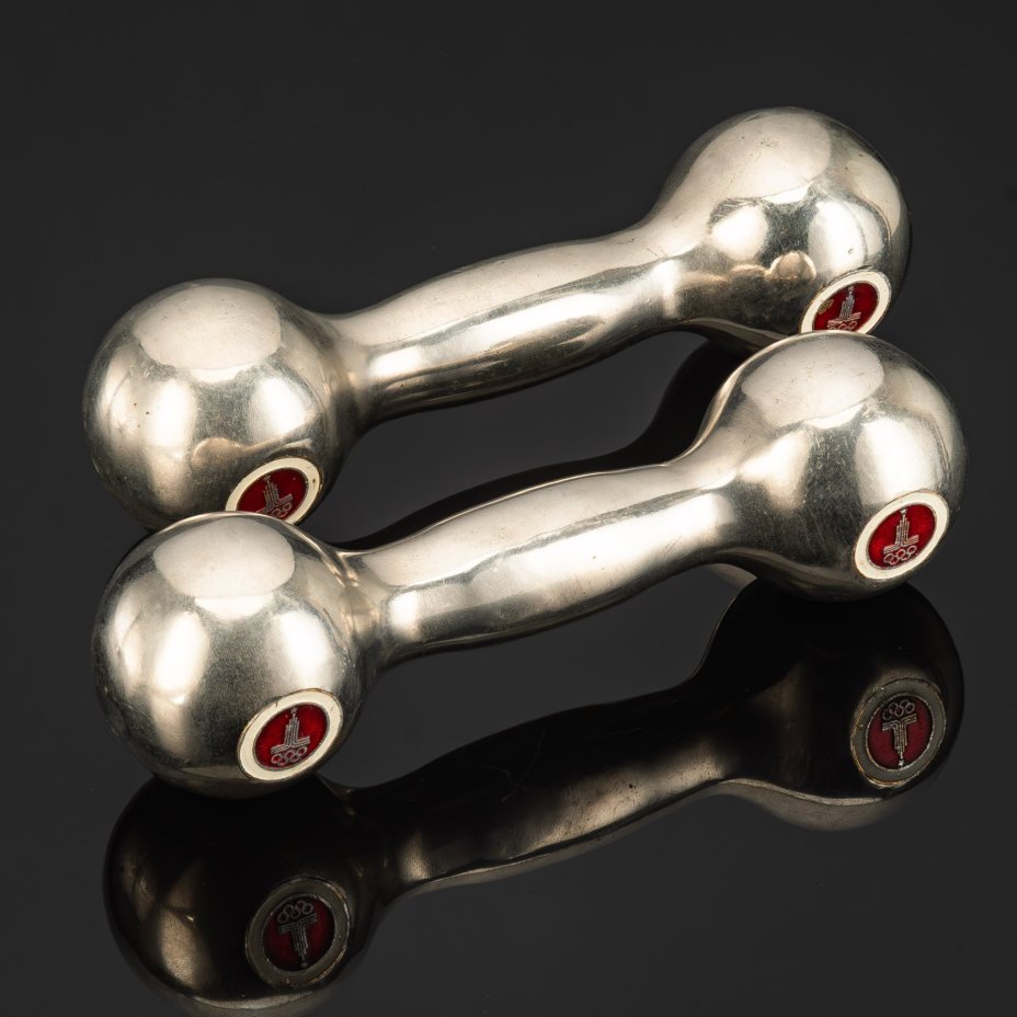 Гантели с символикой "Олимпиады-80", металл, полихромные эмали, СССР, 1980 г.