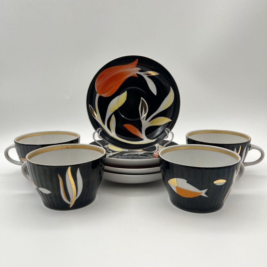 Набор из 4-х чайных пар из сервиза "Рыбки", фарфор, рытье, роспись, золочение, Дулевский фарфоровый завод (Дулёво), СССР, 1968-1991 гг.