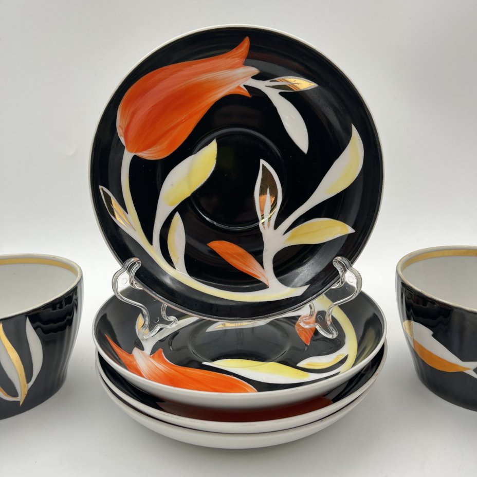 Набор из 4-х чайных пар из сервиза "Рыбки", фарфор, рытье, роспись, золочение, Дулевский фарфоровый завод (Дулёво), СССР, 1968-1991 гг.