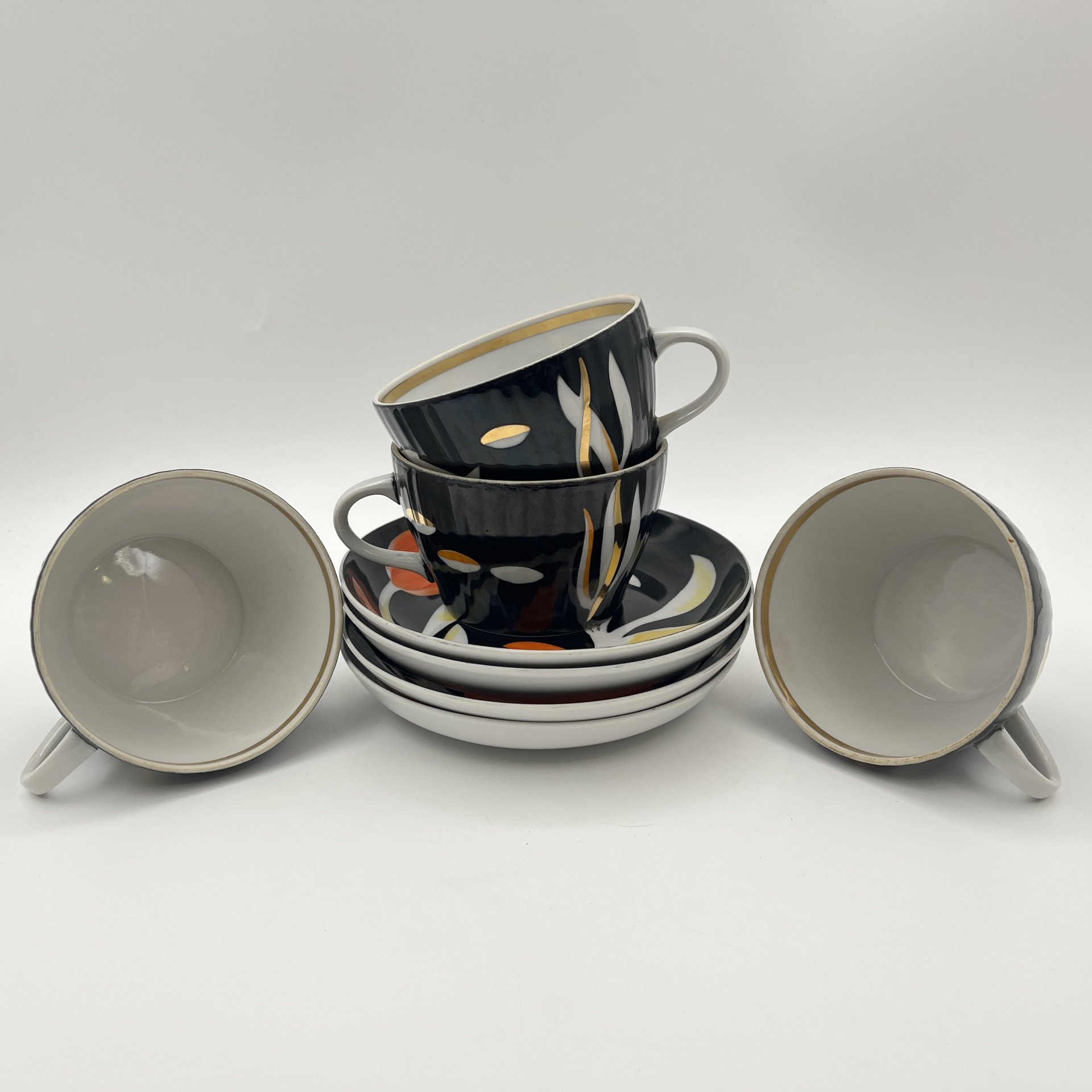 Набор из 4-х чайных пар из сервиза "Рыбки", фарфор, рытье, роспись, золочение, Дулевский фарфоровый завод (Дулёво), СССР, 1968-1991 гг.