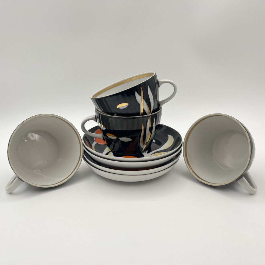 Набор из 4-х чайных пар из сервиза "Рыбки", фарфор, рытье, роспись, золочение, Дулевский фарфоровый завод (Дулёво), СССР, 1968-1991 гг.