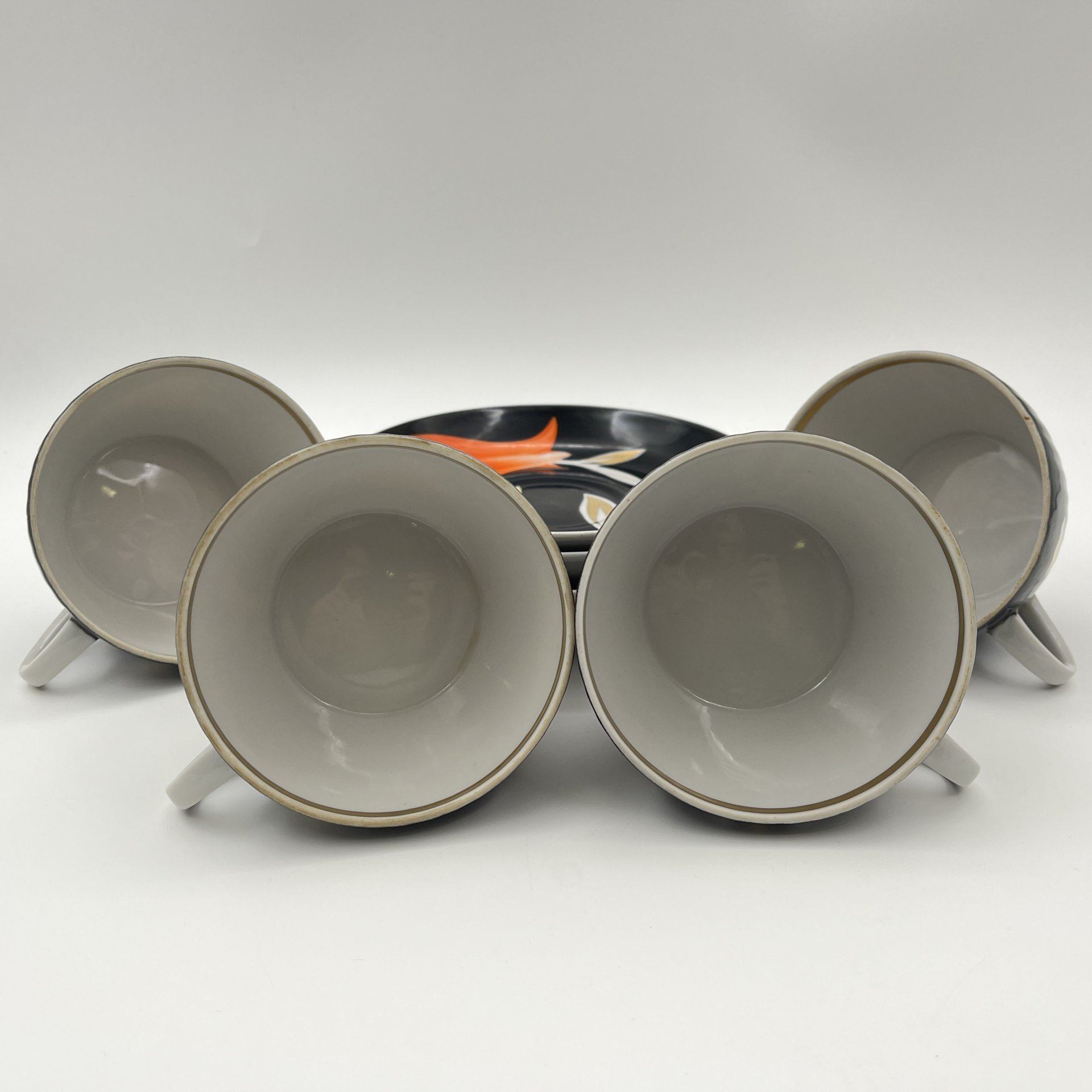 Набор из 4-х чайных пар из сервиза "Рыбки", фарфор, рытье, роспись, золочение, Дулевский фарфоровый завод (Дулёво), СССР, 1968-1991 гг.