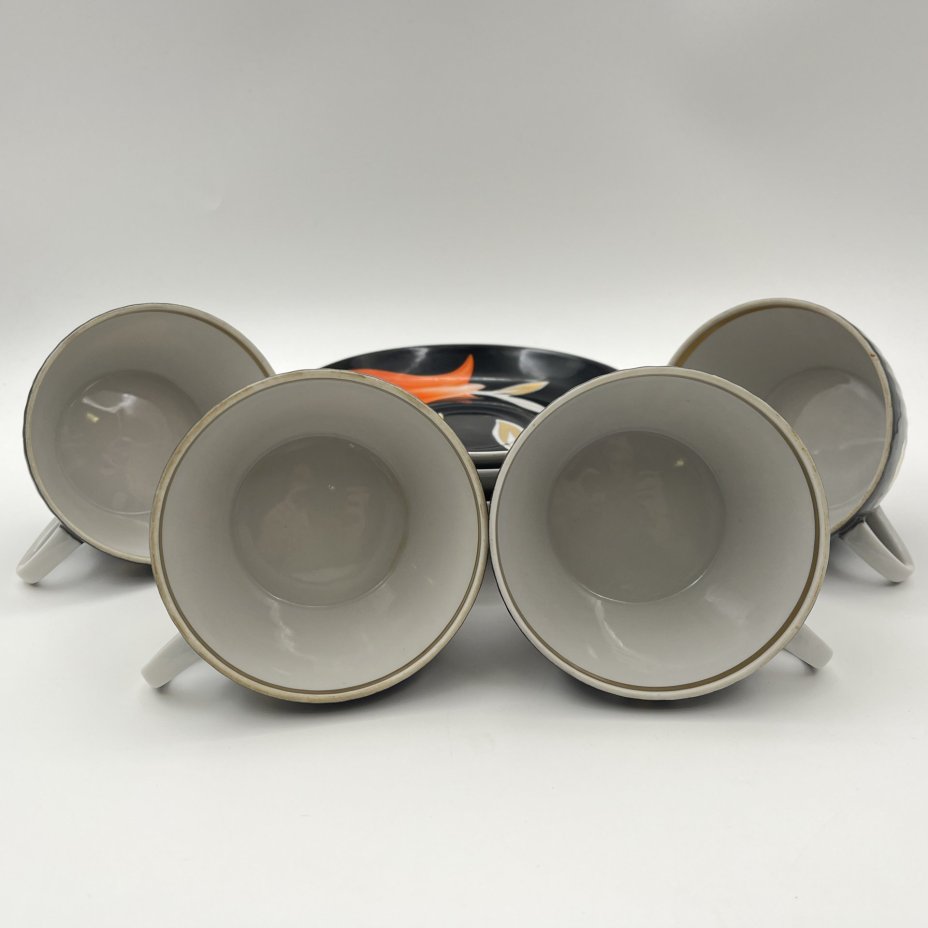 Набор из 4-х чайных пар из сервиза "Рыбки", фарфор, рытье, роспись, золочение, Дулевский фарфоровый завод (Дулёво), СССР, 1968-1991 гг.