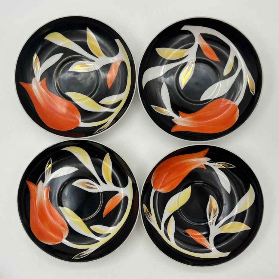 Набор из 4-х чайных пар из сервиза "Рыбки", фарфор, рытье, роспись, золочение, Дулевский фарфоровый завод (Дулёво), СССР, 1968-1991 гг.