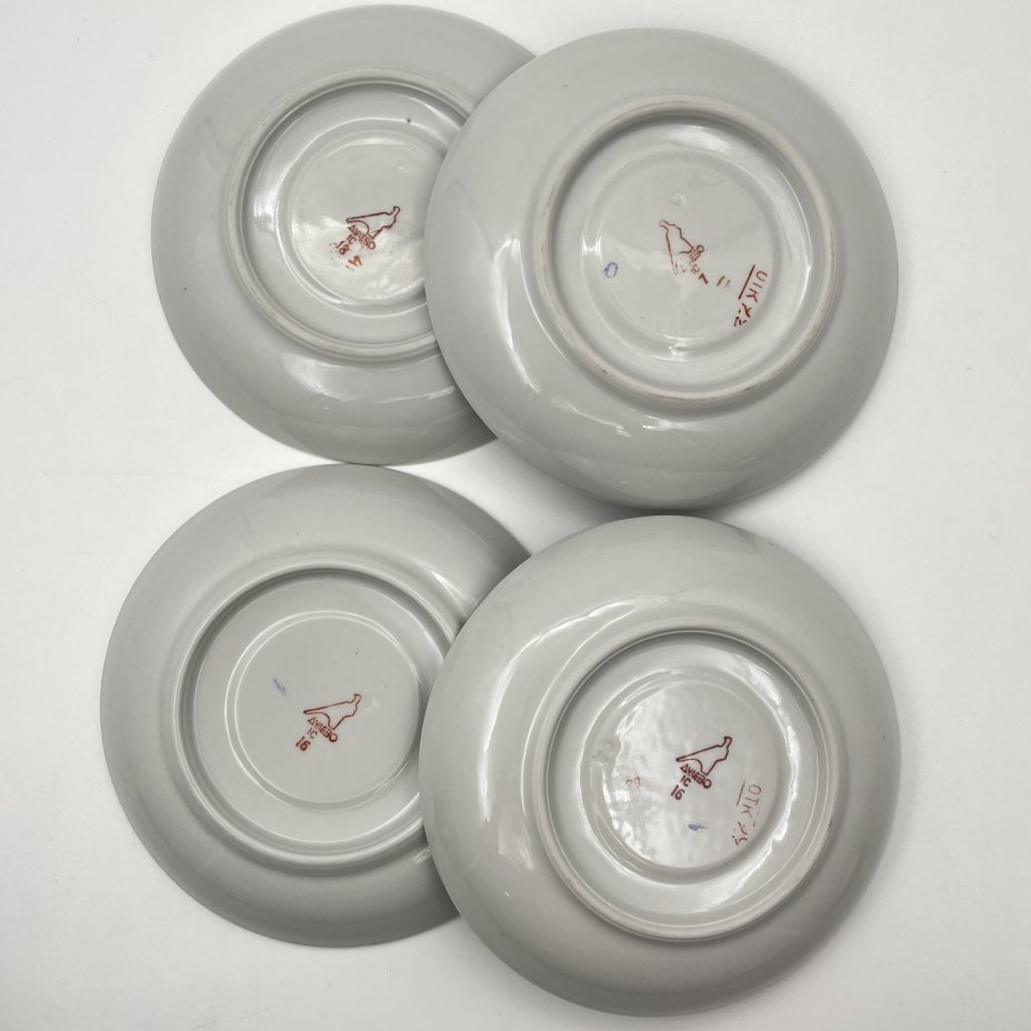 Набор из 4-х чайных пар из сервиза "Рыбки", фарфор, рытье, роспись, золочение, Дулевский фарфоровый завод (Дулёво), СССР, 1968-1991 гг.