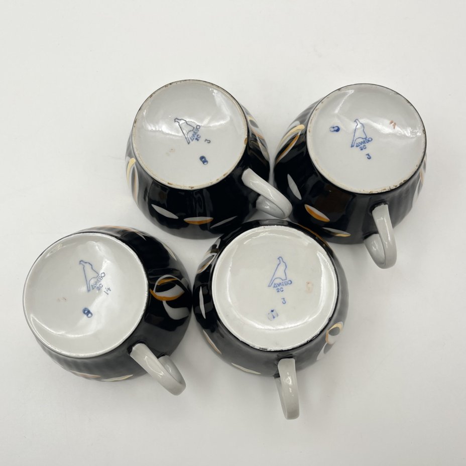 Набор из 4-х чайных пар из сервиза "Рыбки", фарфор, рытье, роспись, золочение, Дулевский фарфоровый завод (Дулёво), СССР, 1968-1991 гг.
