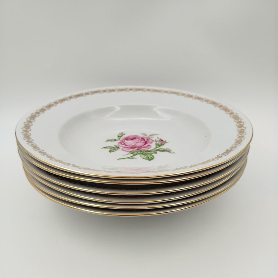 Набор из шести суповых тарелок с декором в виде роз, фарфор, деколь, золочение, Moritz Zdekauer (MZ), Чехословакия, 1960-1990 гг.