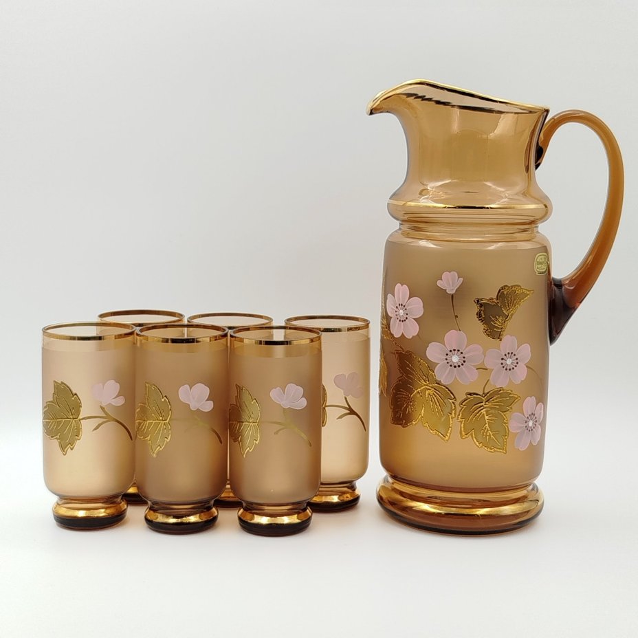 Набор для подачи воды и холодных напитков (кувшин и 6 бокалов), украшенный цветочным декором, стекло, матирование, роспись, золочение, Bohemia Crystal (Bohemia Glass), Чехословакия, 1980-1990 гг.