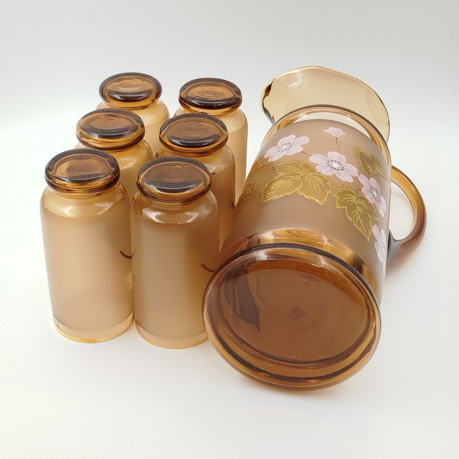 Набор для подачи воды и холодных напитков (кувшин и 6 бокалов), украшенный цветочным декором, стекло, матирование, роспись, золочение, Bohemia Crystal (Bohemia Glass), Чехословакия, 1980-1990 гг.