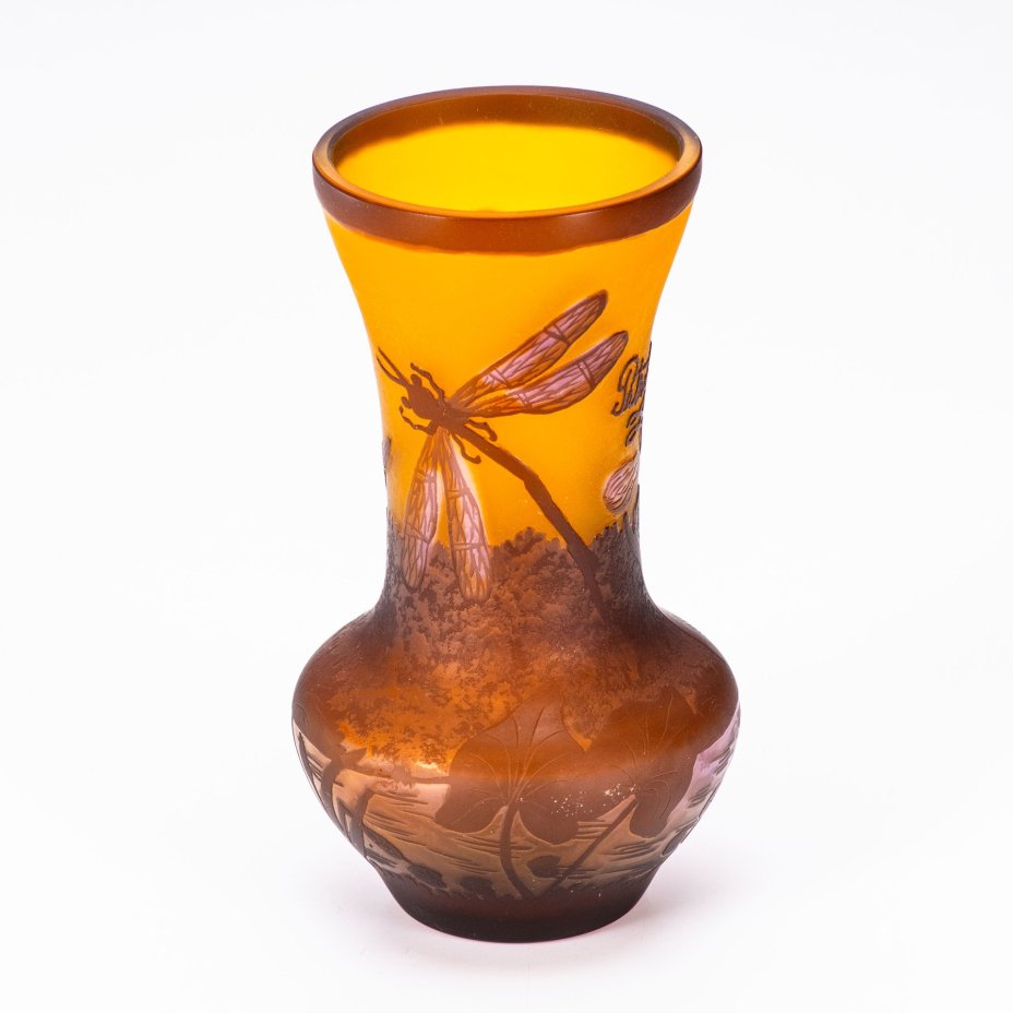 Ваза с изображение ирисов и стрекозы, "Petrache", стекло, травление, Румыния, 1960-1980 гг.