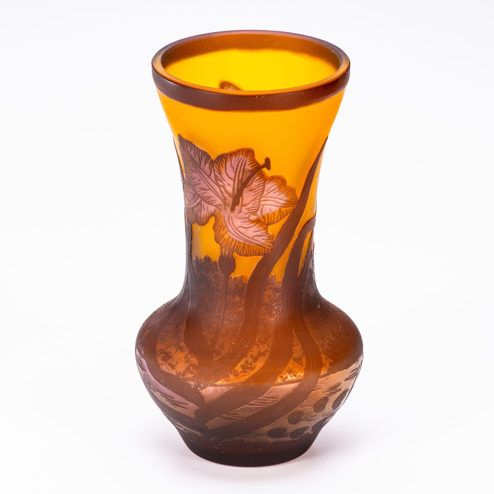 Ваза с изображение ирисов и стрекозы, "Petrache", стекло, травление, Румыния, 1960-1980 гг.