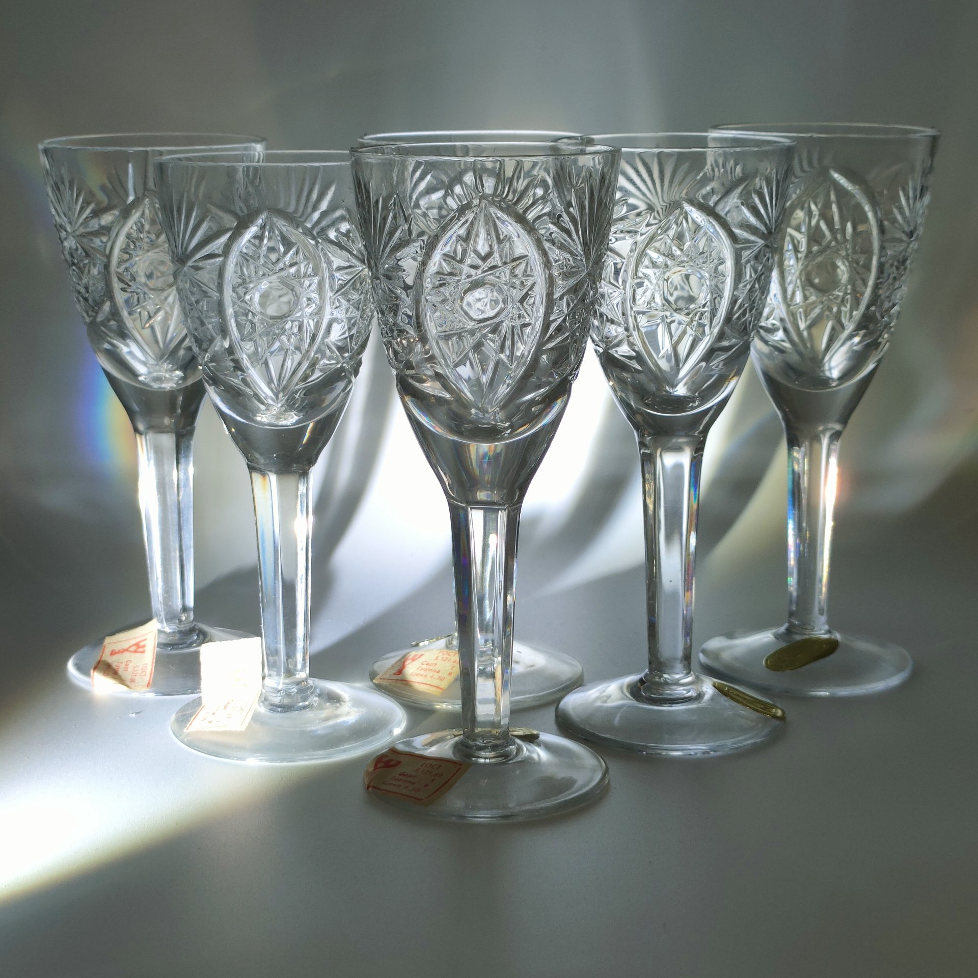 Набор из 6-ти бокалов в оригинальной коробке, хрусталь, картон, алмазная грань, Дятьковский хрустальный завод, СССР, 1963-1985 гг.