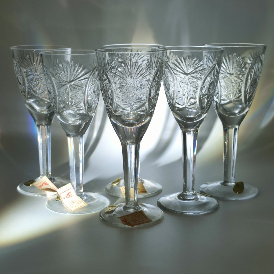 Набор из 6-ти бокалов в оригинальной коробке, хрусталь, картон, алмазная грань, Дятьковский хрустальный завод, СССР, 1963-1985 гг.