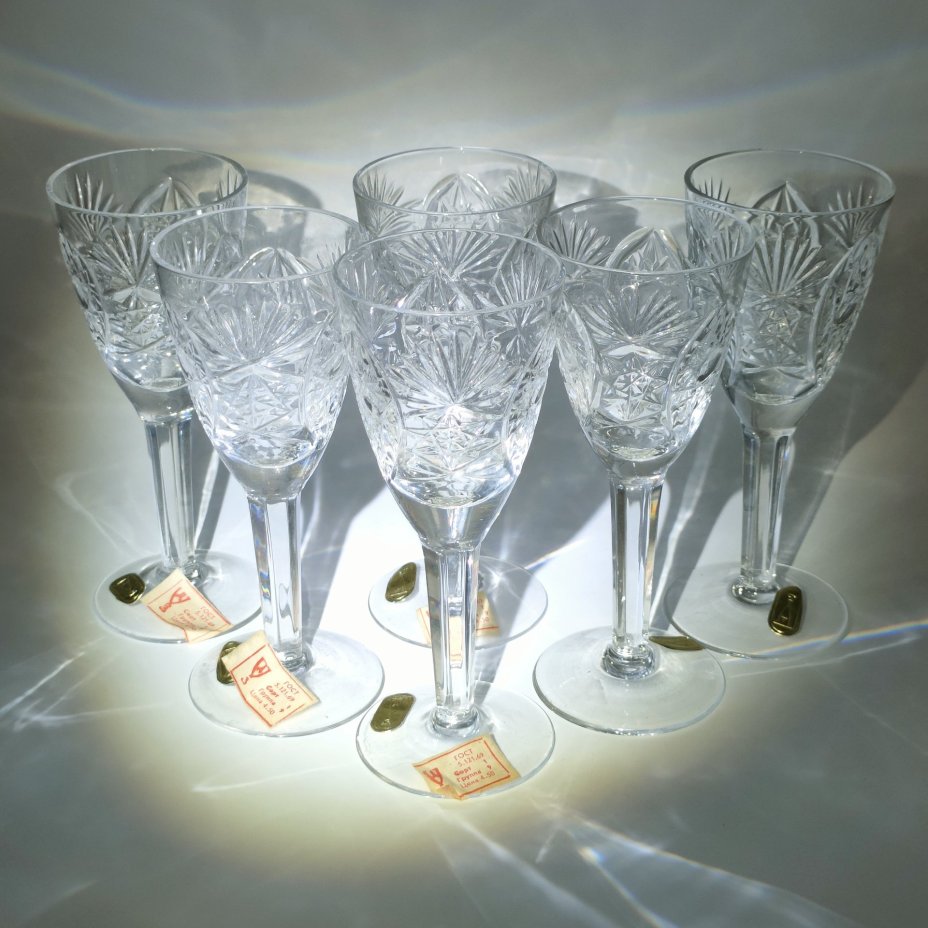 Набор из 6-ти бокалов в оригинальной коробке, хрусталь, картон, алмазная грань, Дятьковский хрустальный завод, СССР, 1963-1985 гг.