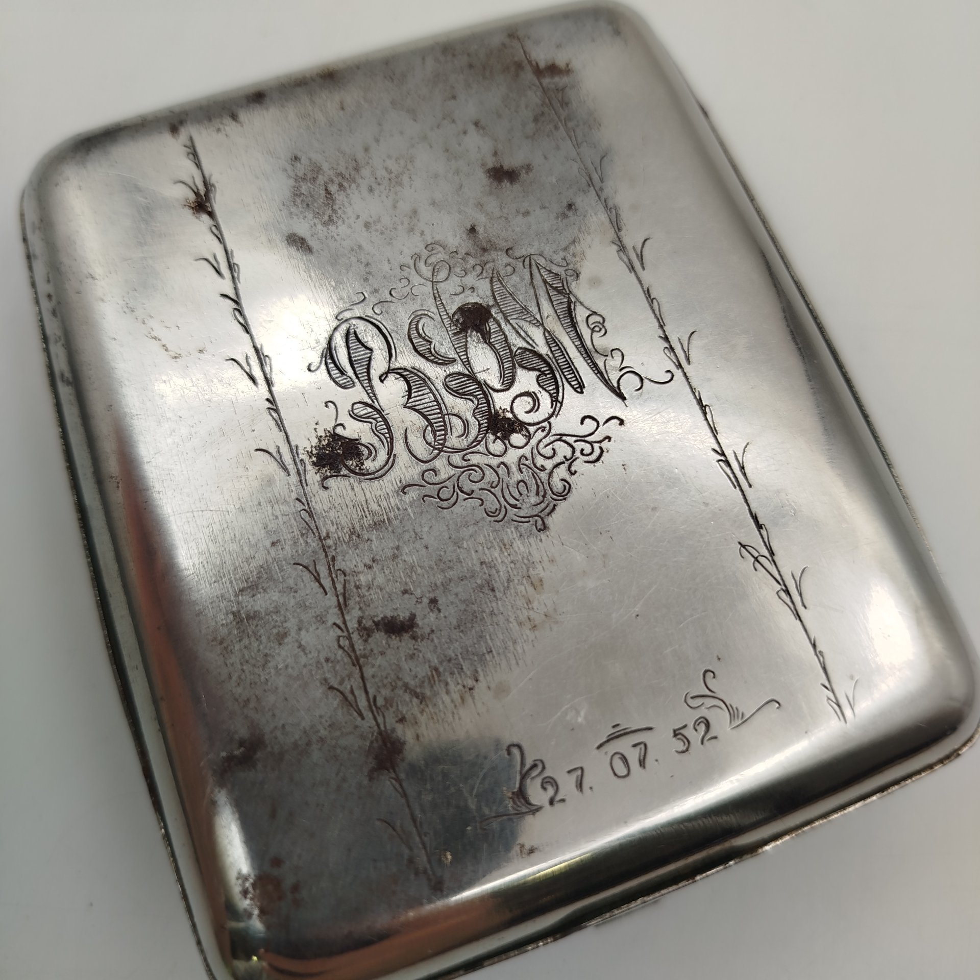 Портсигар с владельческой монограммой, металл, никелировка, СССР, 1952 г.