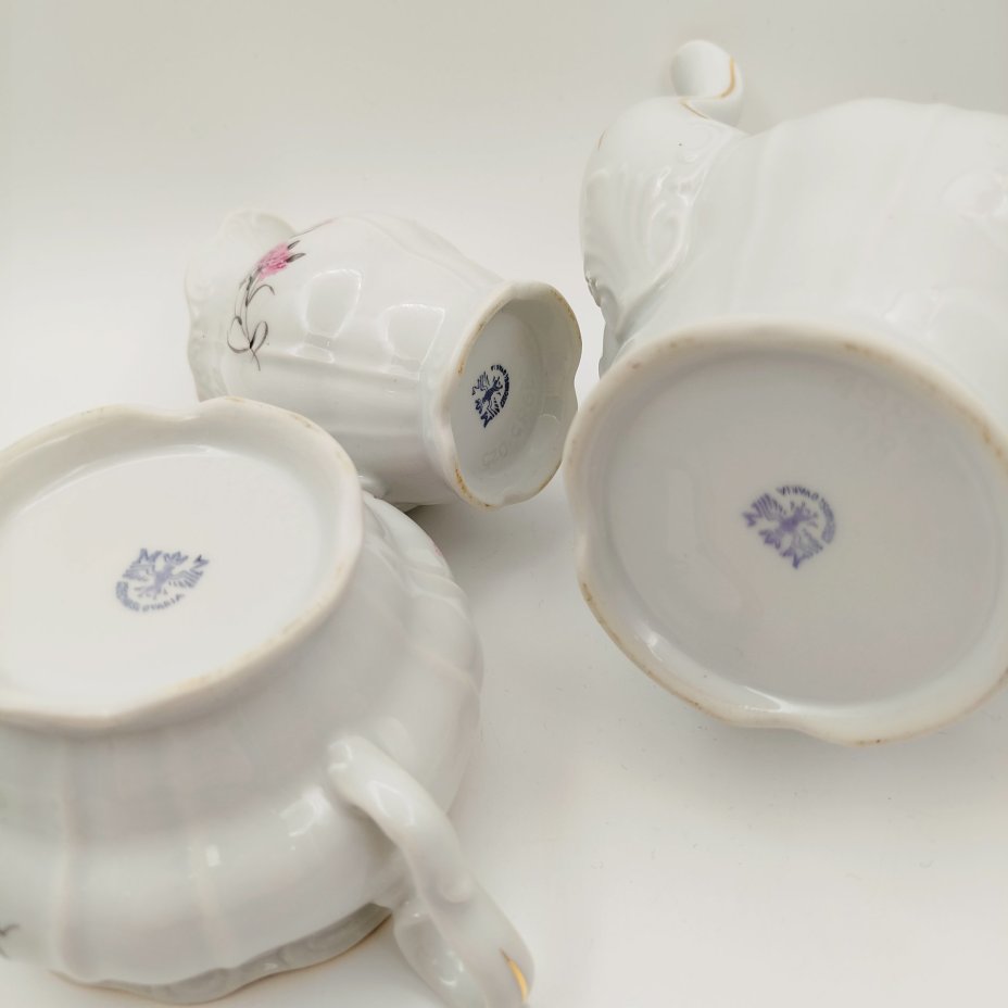 Сервиз кофейный с цветочным декором на 3 персон (9 предметов), фарфор, деколь, золочение, Moritz Zdekauer (MZ), Чехословакия, 1970-1980 гг.