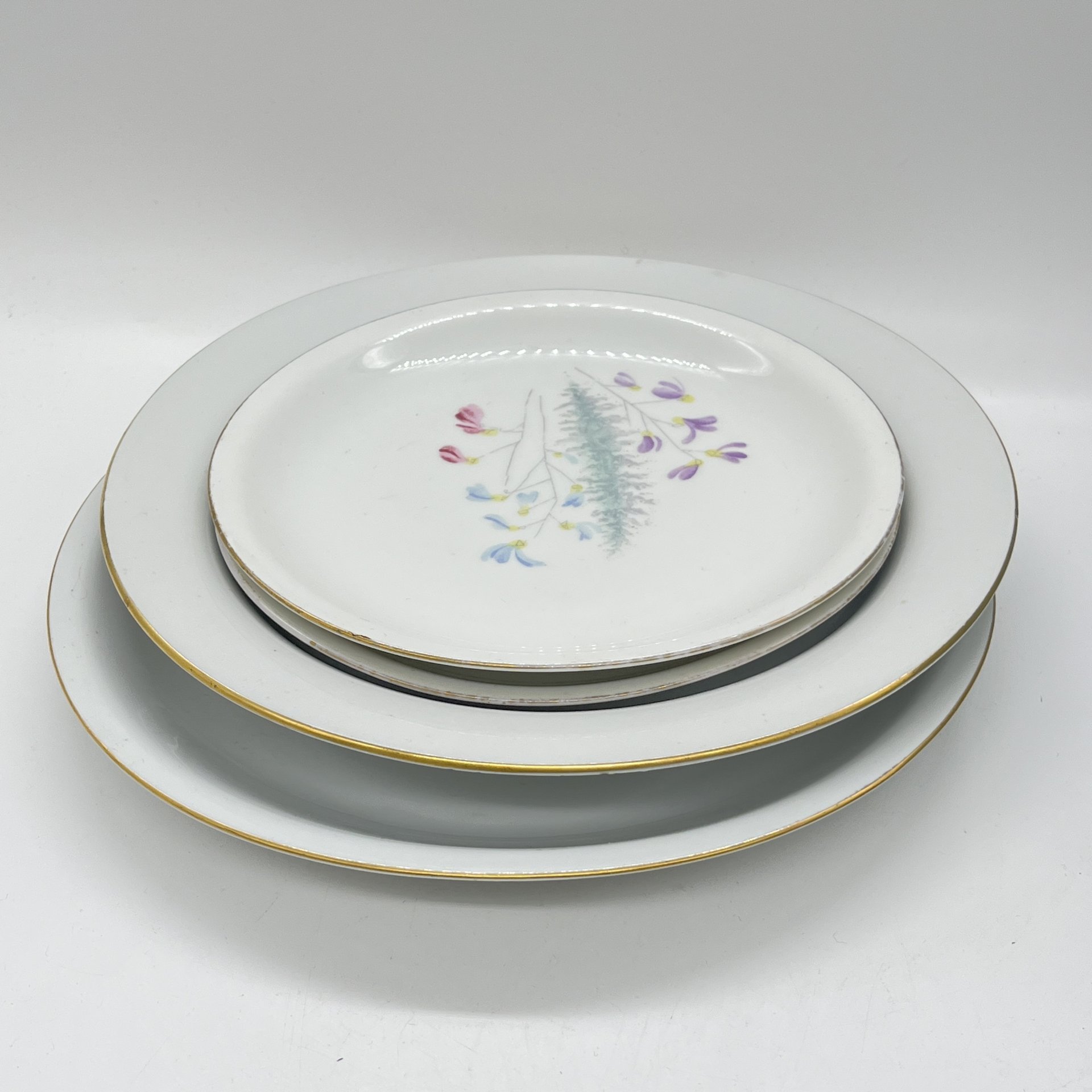 Набор из 2 обеденных и 2 десертных тарелок с цветочным декором, Porzellanwerke Könitz (OPK), фарфор, золочение, деколь, ГДР, 1954-1962 гг.