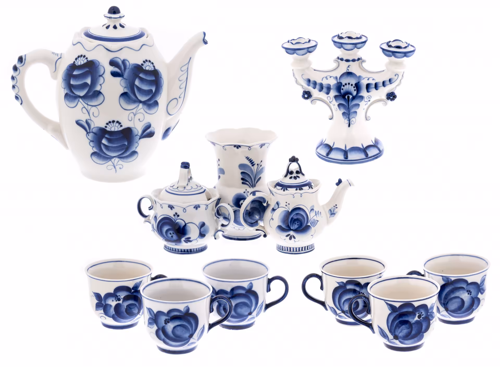 Сервиз чайный (в подборе) с изображением цветов, на 6 персон (11 предметов), фарфор, роспись, Объединение Гжель, СССР, 1970-1990 гг., Объединение «Гжель»