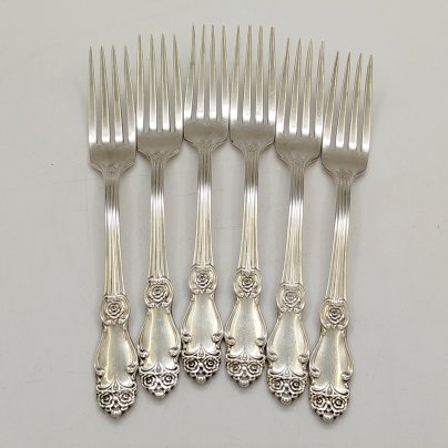 Набор из шести десертных вилок "Серебряная роза", мНЦ (медь-никель-цинк), Кольчугинский завод цветных металлов, СССР, 1970-1990 гг.