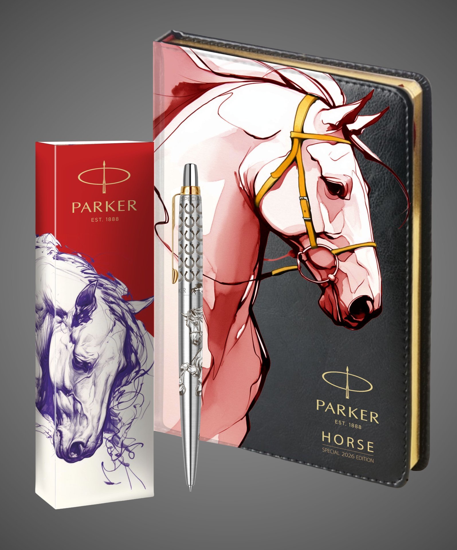 Подарочный набор: Шариковая ручка Parker Jotter Horse Special Edition в подарочной коробке и ежедневник недатированный черный с золотым срезом, Кожа и мех: искусственная кожа, нержавеющая сталь, позолота
