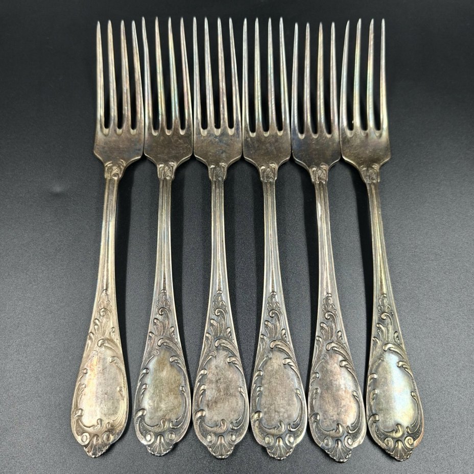 Набор из шести больших вилок с растительным декором, мНЦ (медь-никель-цинк), Вольнянский завод столовых приборов им. Шевченко (ЗiШ, ЗиШ), СССР, 1960-1980 гг.