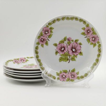 Набор из шести закусочных/десертных тарелок с цветочным декором в розово-зеленой гамме