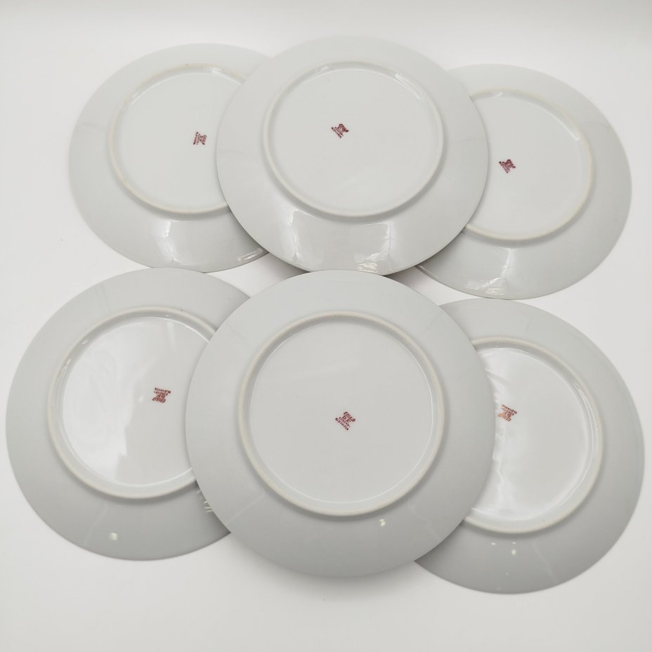 Набор из шести закусочных/десертных тарелок с цветочным декором в розово-зеленой гамме