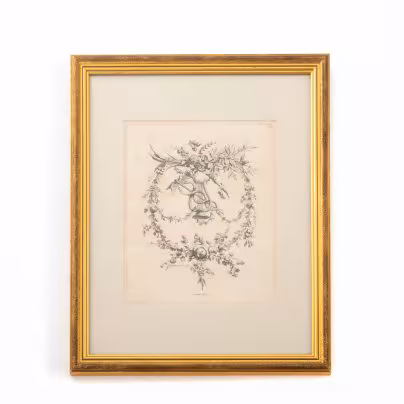 Гравюра по рисунку Пьера-Габриеля Берто (Berthault, Pierre-Gabriel, 1737-1831 гг.) с изображением декоративной композиции в виде цветочной гирлянды, лиры и кадуцея в паспарту и застеклённой раме, Издание Жак-Франсуа Шеро (Jacques-François Chéreau)