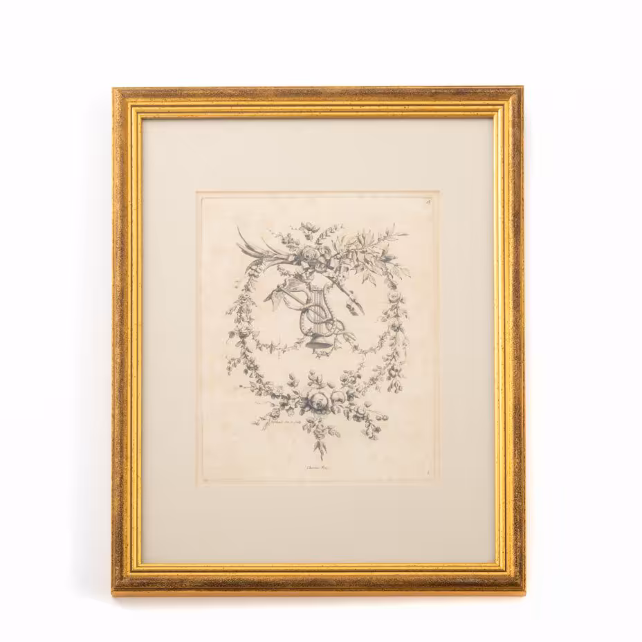 Гравюра по рисунку Пьера-Габриеля Берто (Berthault, Pierre-Gabriel, 1737-1831 гг.) с изображением декоративной композиции в виде цветочной гирлянды, лиры и кадуцея в паспарту и застеклённой раме, Издание Жак-Франсуа Шеро (Jacques-François Chéreau)