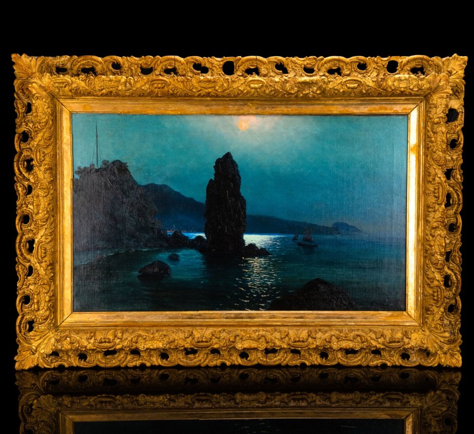 Картина "Гаспра. Скала "Парус". Вид на ночную Ялту" (название условное) в раме с рельефным декором, подпись "Louiret" (?)