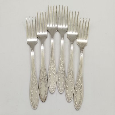 Набор из шести десертных вилок "Пламя", мНЦ (медь-никель-цинк), Кольчугинский завод цветных металлов, СССР, 1960-1990 гг.