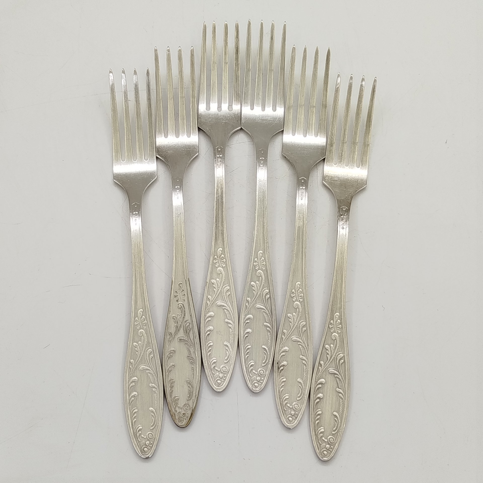 Набор из шести десертных вилок "Пламя", мНЦ (медь-никель-цинк), Кольчугинский завод цветных металлов, СССР, 1960-1990 гг.