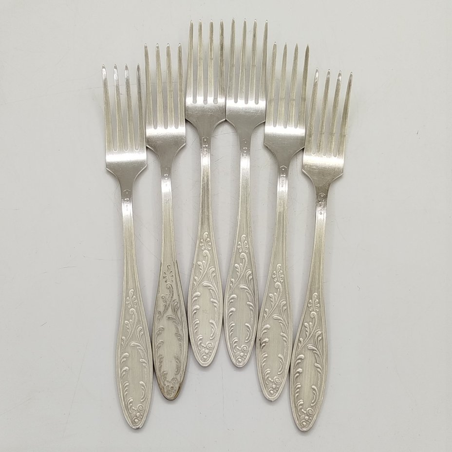 Набор из шести десертных вилок "Пламя", мНЦ (медь-никель-цинк), Кольчугинский завод цветных металлов, СССР, 1960-1990 гг.