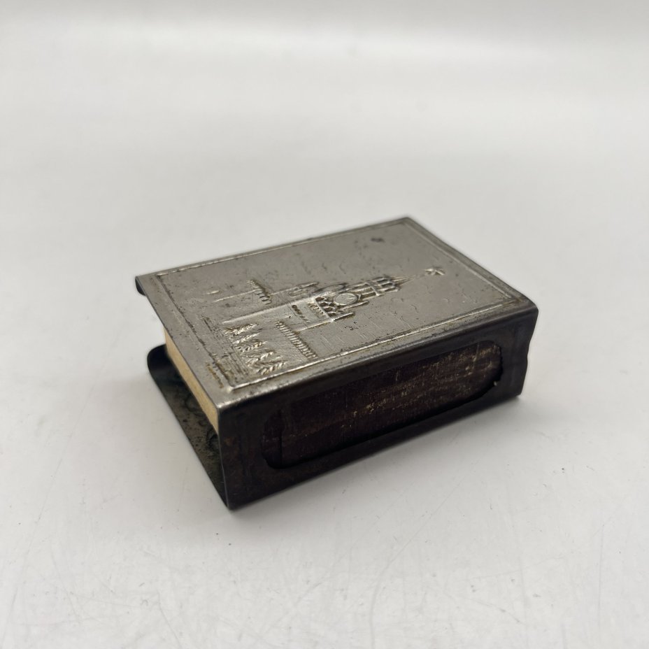 Спичечница "Спасская башня" со спичечным коробком "Веломобиль Варно", алюминий, Артель «Победа», СССР, 1960-1980 гг.