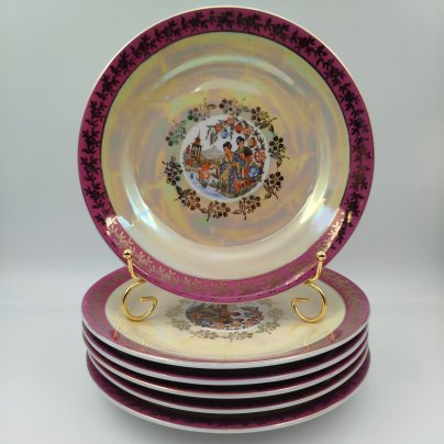 Набор обеденных тарелок из сервиза "Гейша" на 6 персон, фарфор, люстр, деколь, золочение, Spezial Eisenberg Porzellan (SEP), ГДР, 1960-1980 гг.