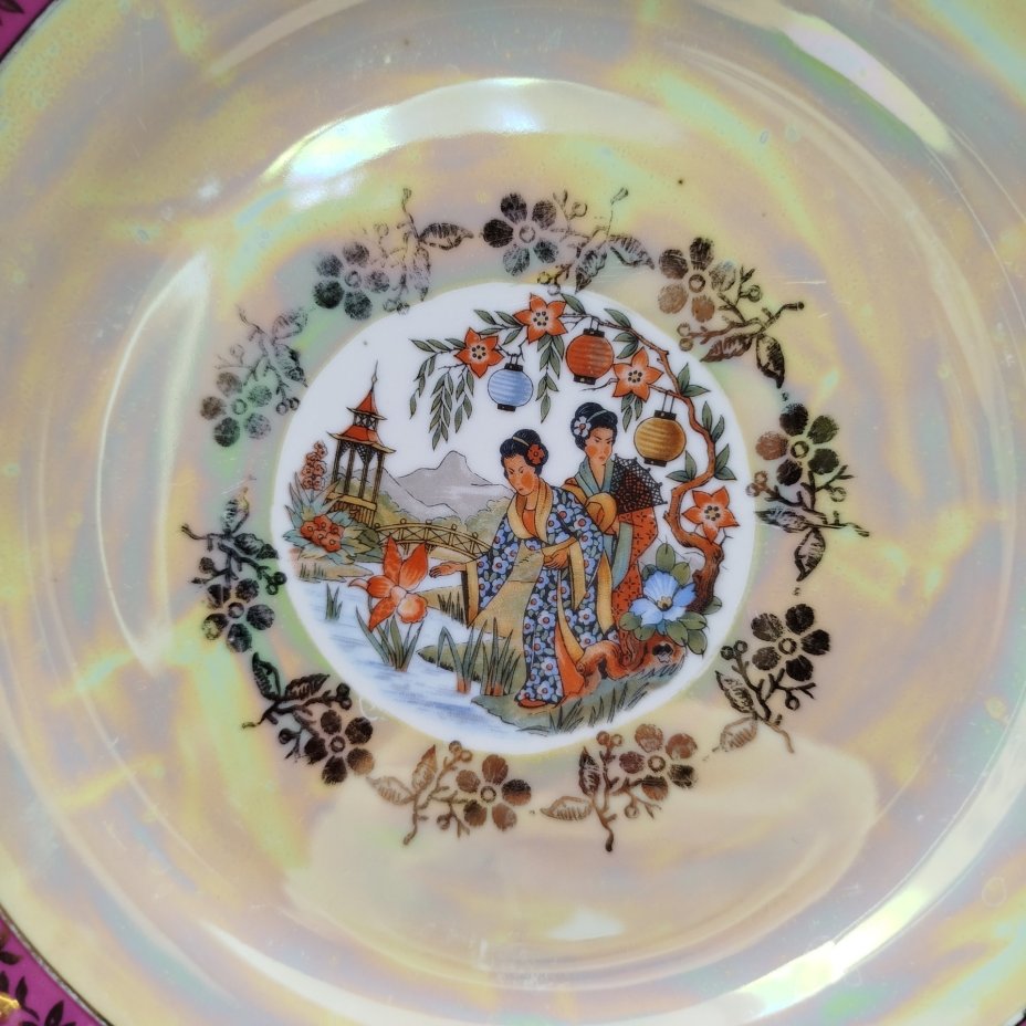 Набор обеденных тарелок из сервиза "Гейша" на 6 персон, фарфор, люстр, деколь, золочение, Spezial Eisenberg Porzellan (SEP), ГДР, 1960-1980 гг.