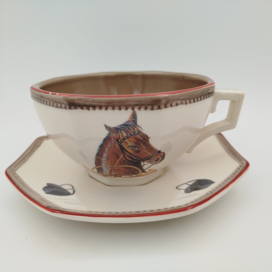 Пара чайная с декором на тему конного спорта, коллекция "Chantilly par D. Chapot", мануфактура "Niderviller", фаянс, обводка, деколь