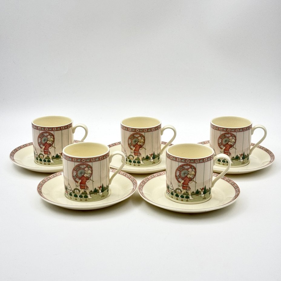 Набор кофейных пар на 5 персон, серия "Golden Days", Minton, фарфор, деколь, Royal Doulton, Великобритания, 1987 г.