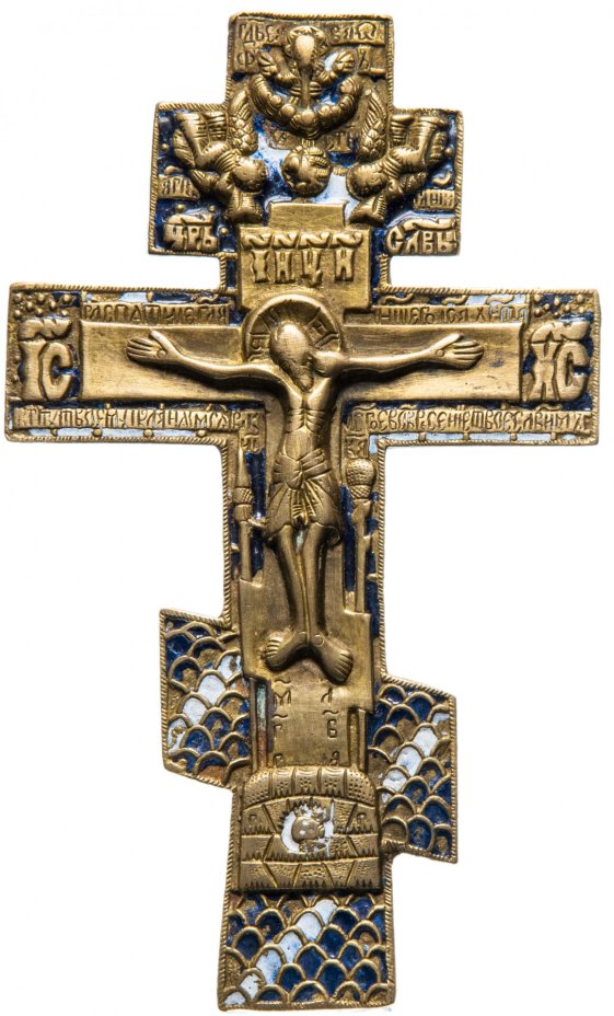 Крест киотный "Распятие Христово" с эмалью 1850-1910 вв.