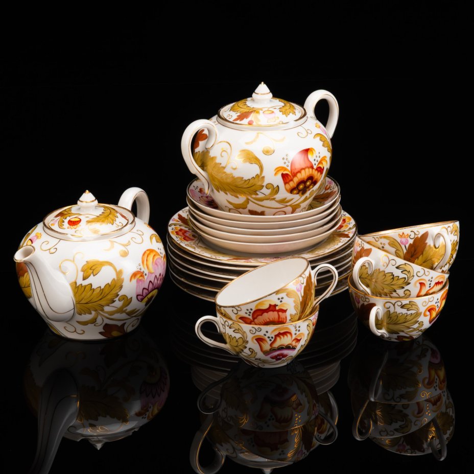 Набор чайный на 5 персон "Маки" (18 предметов), автор росписи А.А.Чекулина, фарфор, роспись, золочение, Дмитровский фарфоровый завод (ДФЗ Вербилки), СССР, 1940-1954 гг.