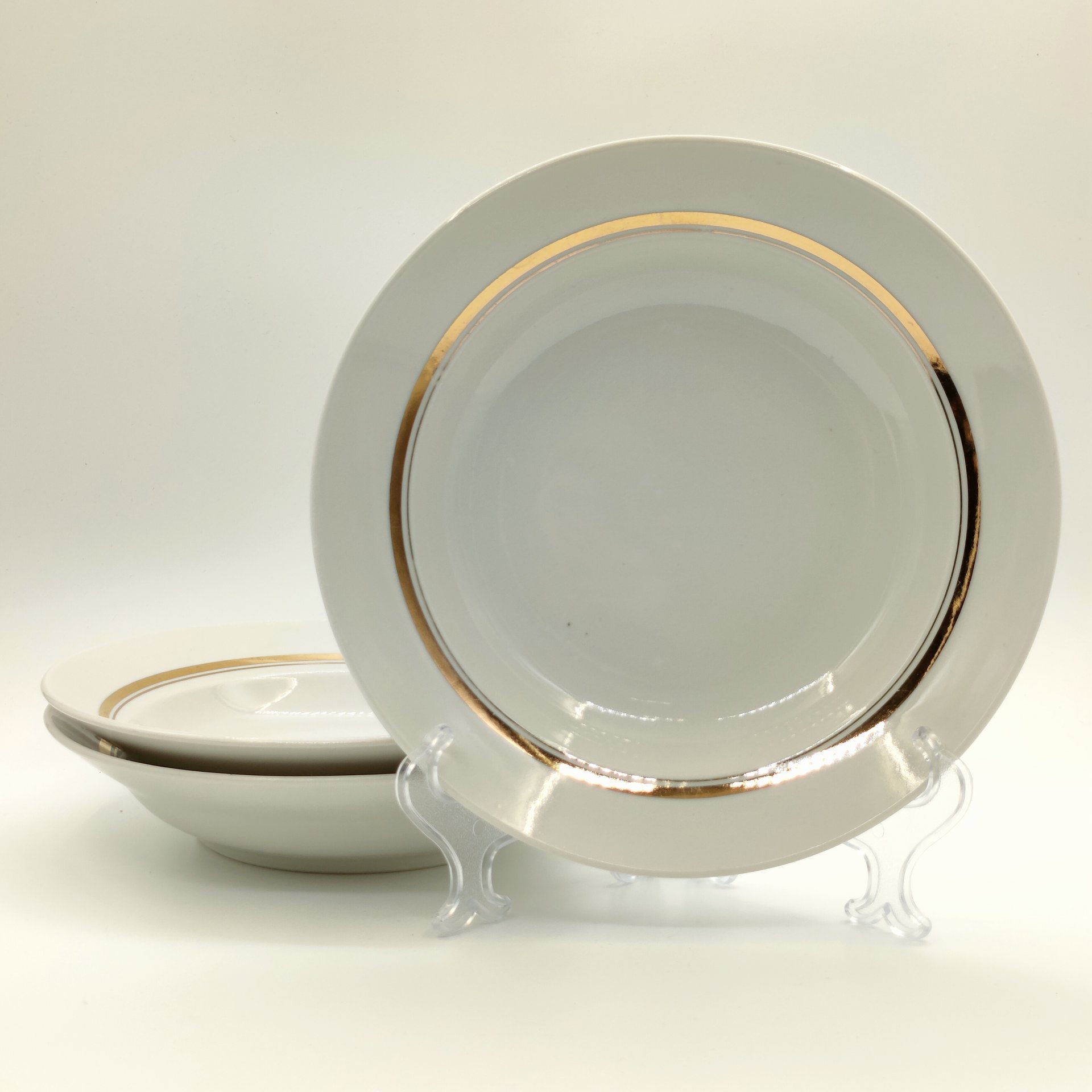 Набор из 3-х суповых тарелок, фарфор, золочение, Дулевский фарфоровый завод (Дулёво), СССР, 1960 г.