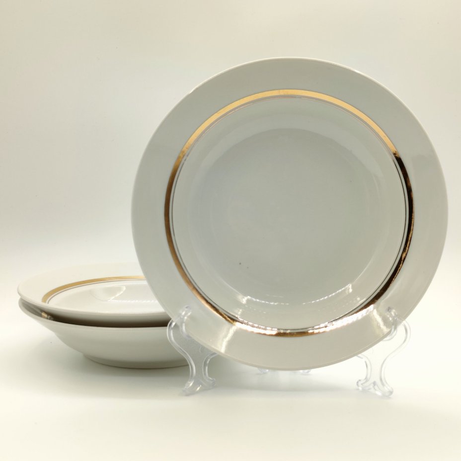 Набор из 3-х суповых тарелок, фарфор, золочение, Дулевский фарфоровый завод (Дулёво), СССР, 1960 г.
